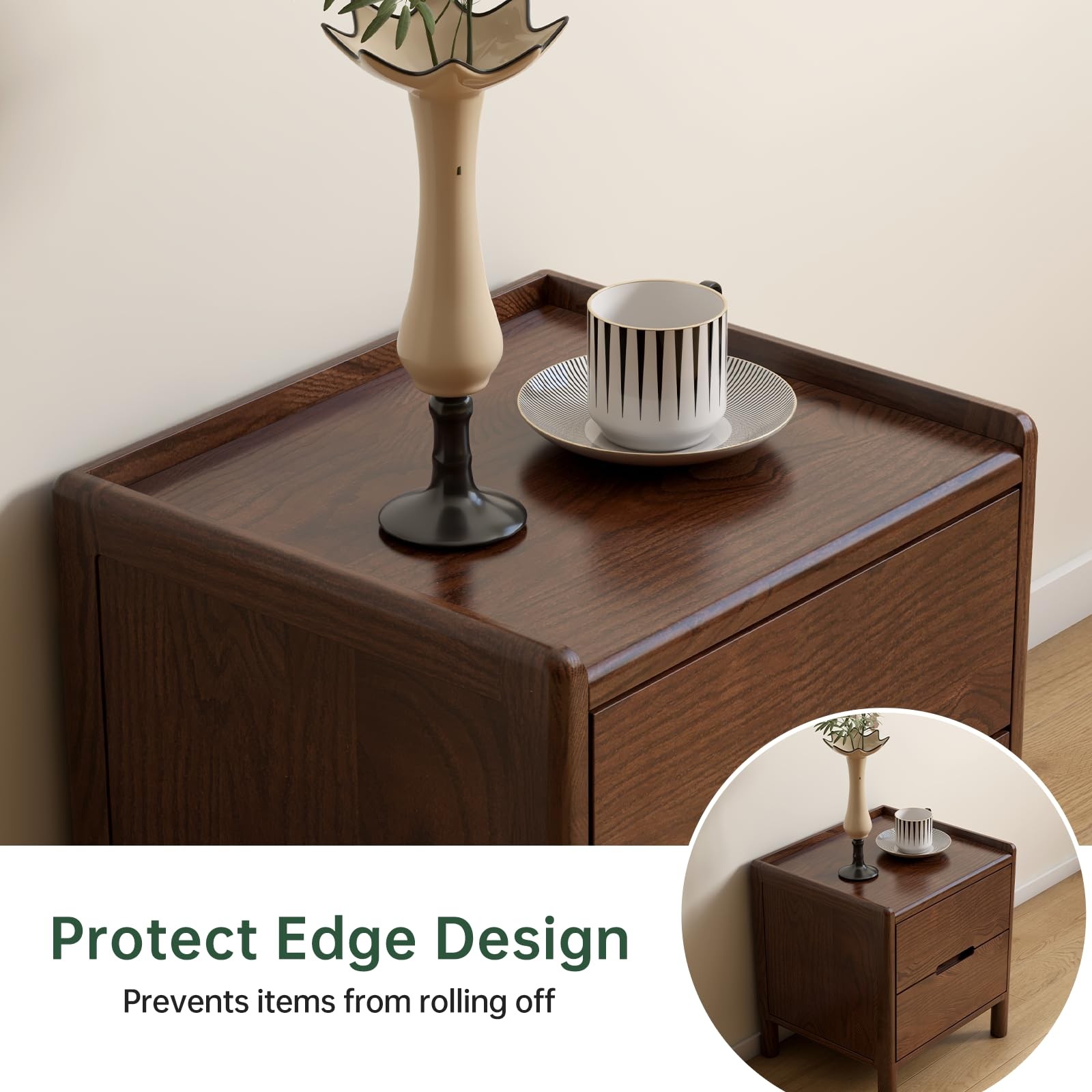 Walnut Night Stand Solid Oak Wood Mid Century Modern Bedside Table for Bedroom