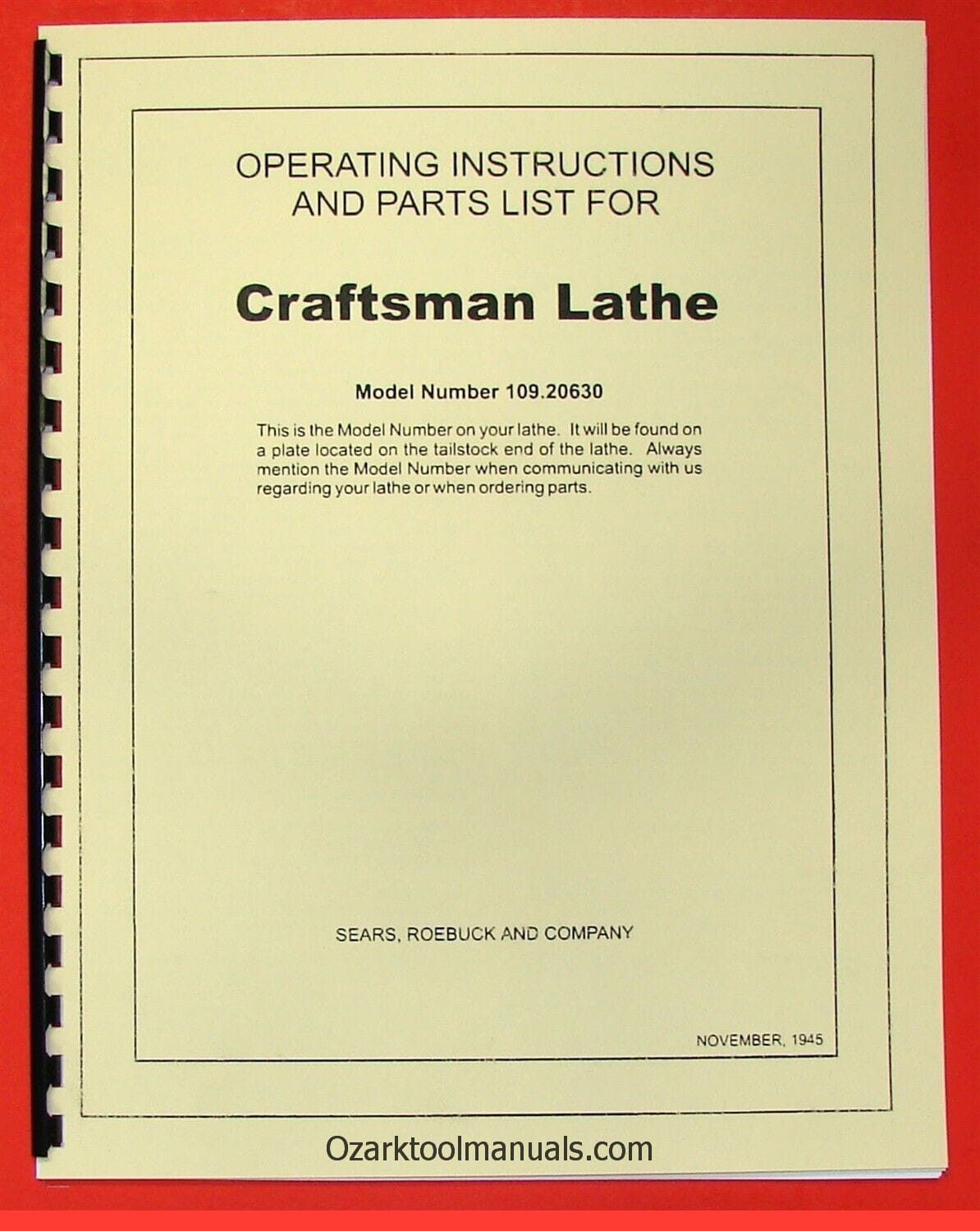 CRAFTSMAN-Dunlap 6" Metal Lathe 109.20630 Instructions & Parts Manual 0192