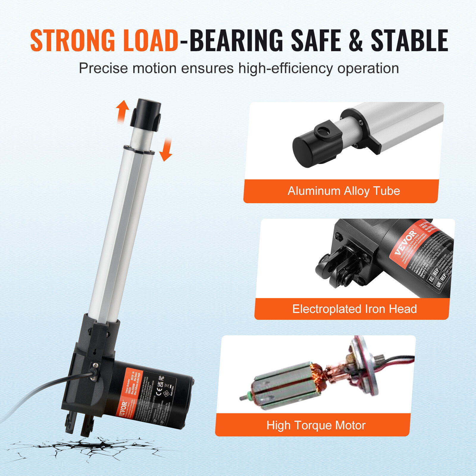 VEVOR Linear Actuator 12V 8Inch Heavy Duty 1320lbs/6000N 0.19"/s IP44 Protection