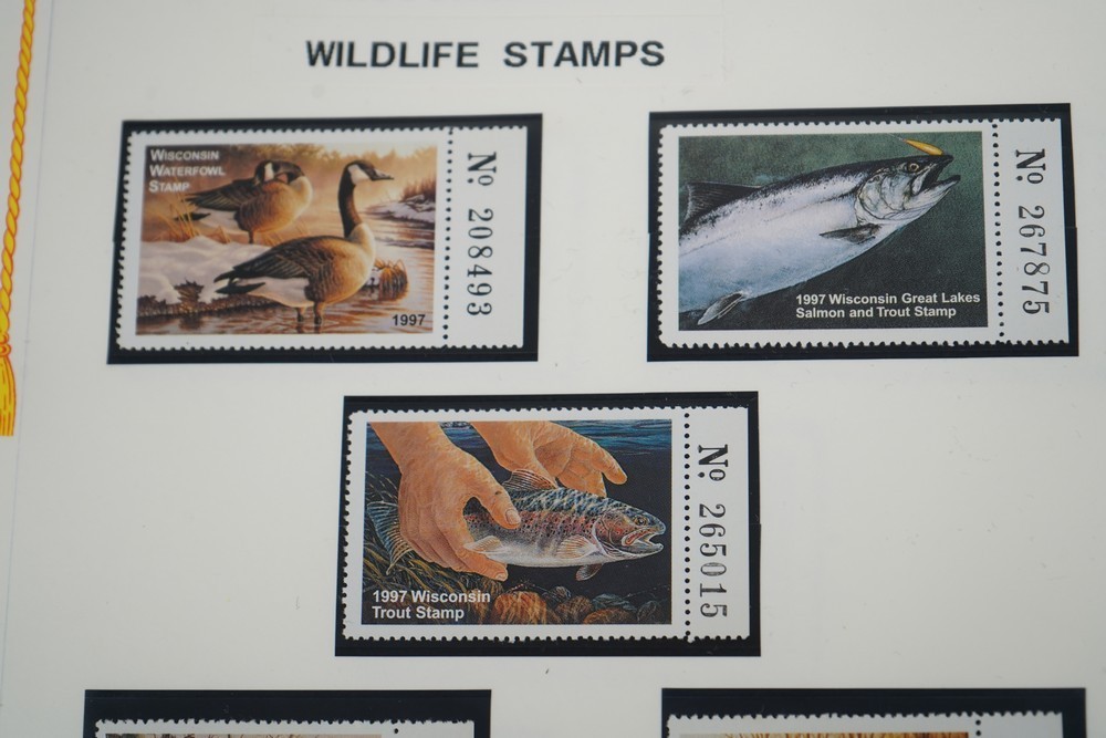 US 1970s-2010s COLLECTION OF 92 WISCONSIN STATE REVENUE STAMPS DUCKS & FISH