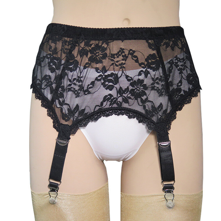 Allacki Black Floral Lace Garter Belt 4 Straps Suspender Belt Plus Size Lingerie