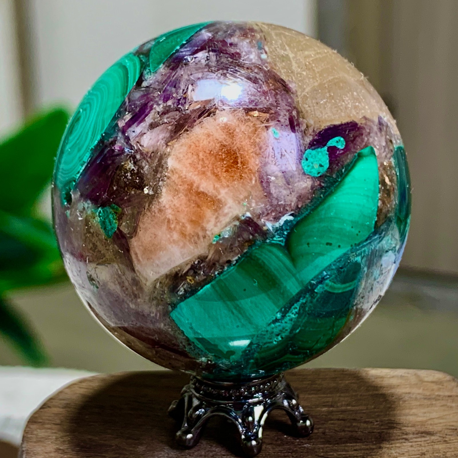 97G Newly discovered rare malachite purple mica symbiotic sphere restoration