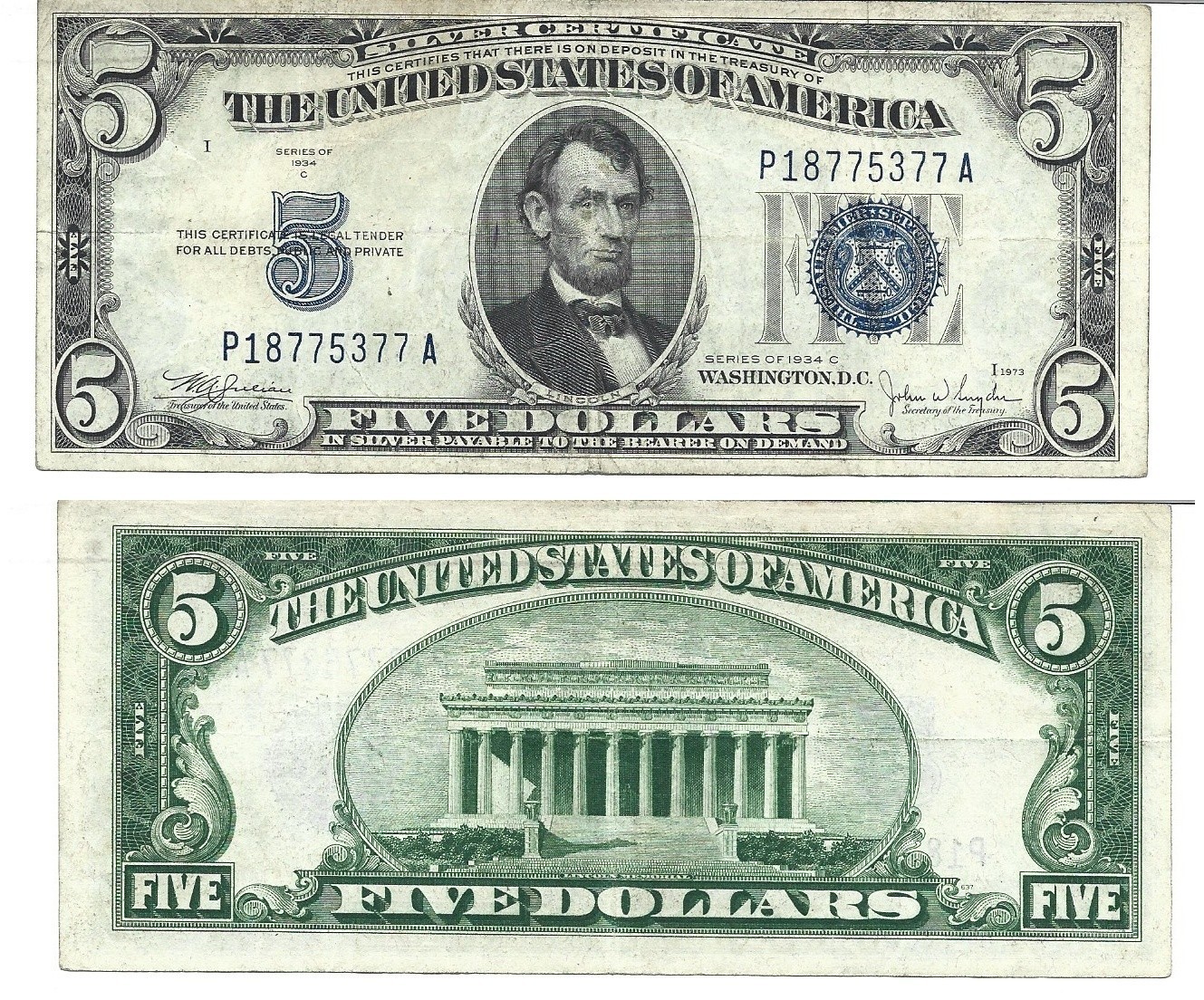 1934-C $5 Silver Certificate Mule Fr. 1653m Circ. Back Check #637 #5377