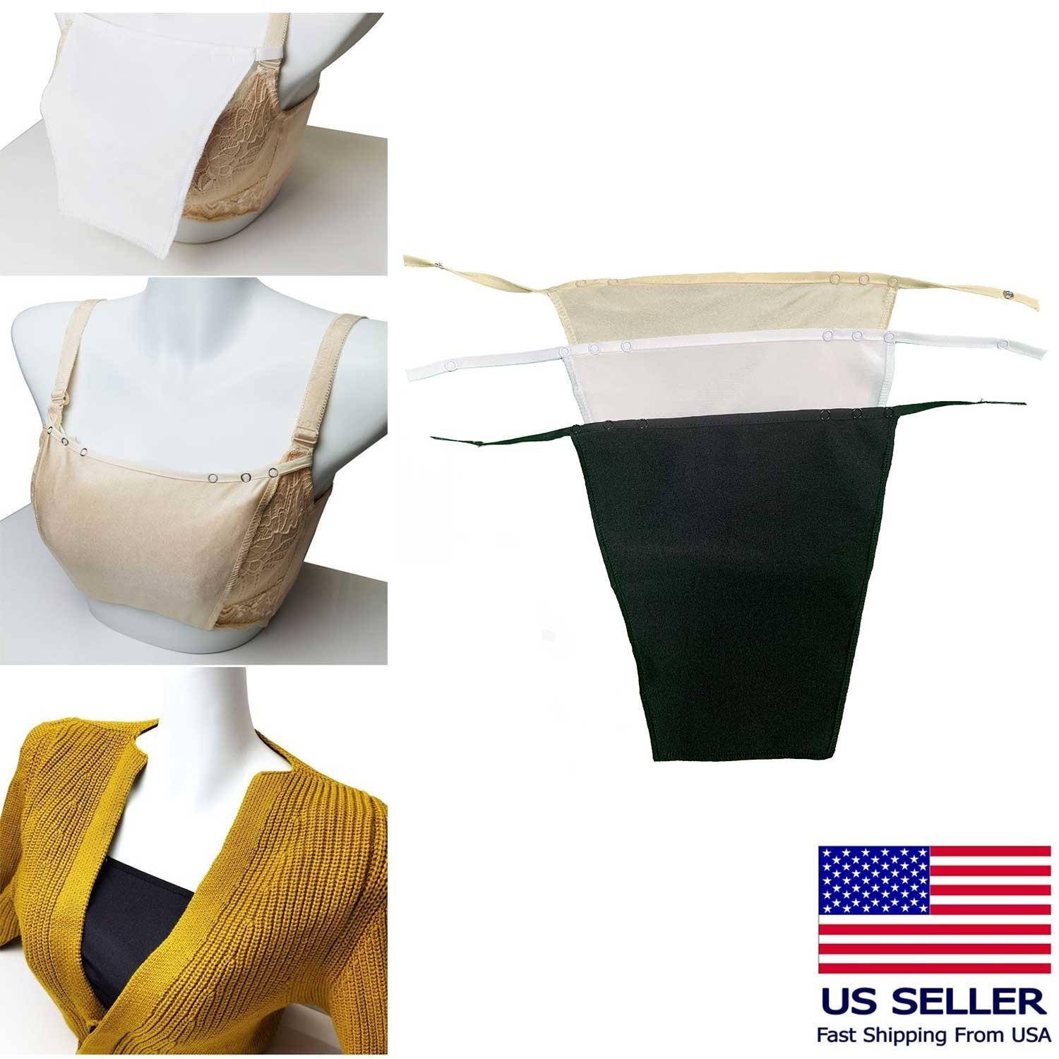 3 Pack Clip-on Mock Camisole Bra Insert Overlay Modesty Panel V-neck Fit Cami