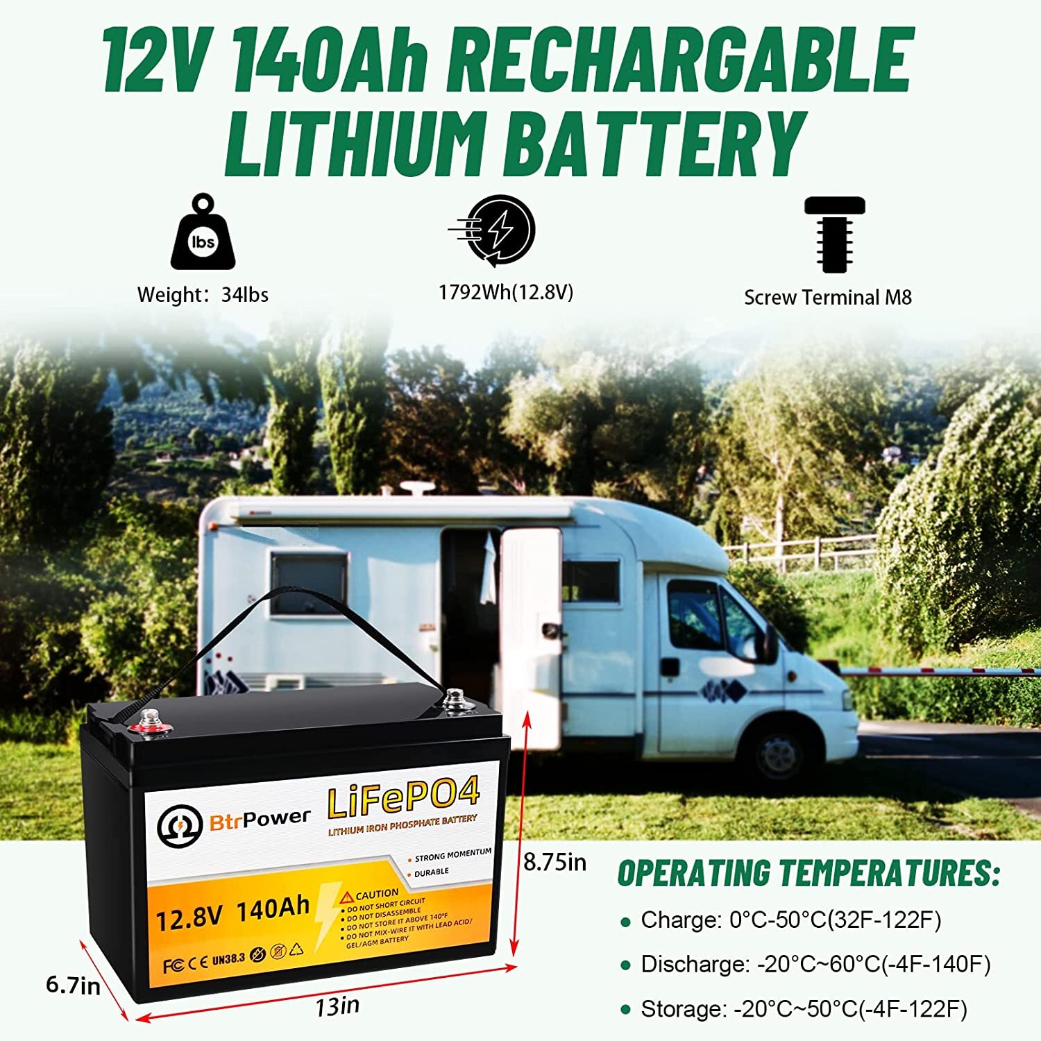 12V LiFePO4 battery 140Ah lithium Battery for RV Deep Cycle Solar Marine System