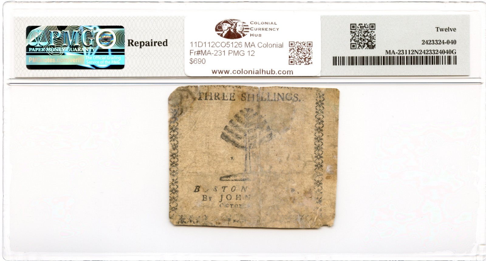 Massachusetts Colonial Note Fr#MA-231 October 18, 1776 3s PMG F-12 *Paul Revere*