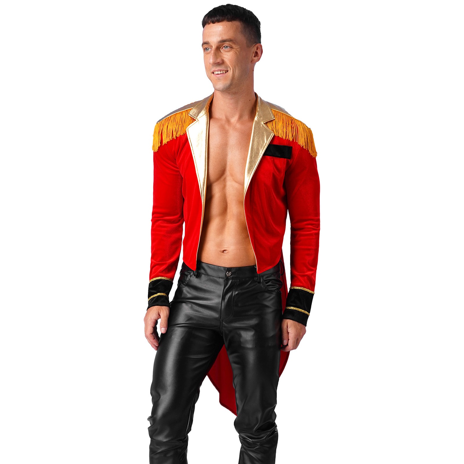 US YiZYiF Men Velvet Tassel Tailcoat Halloween Circus Ringmaster Cosplay Uniform