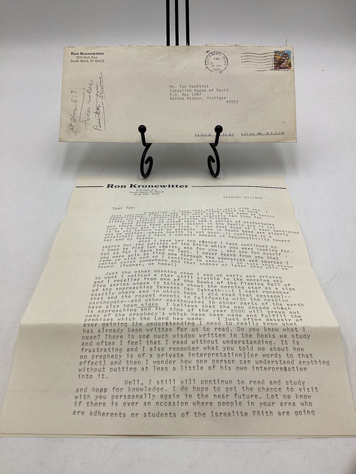 Vintage 1989 Letter & Envelope-Ron Kronewitter To Tom Dewhirst