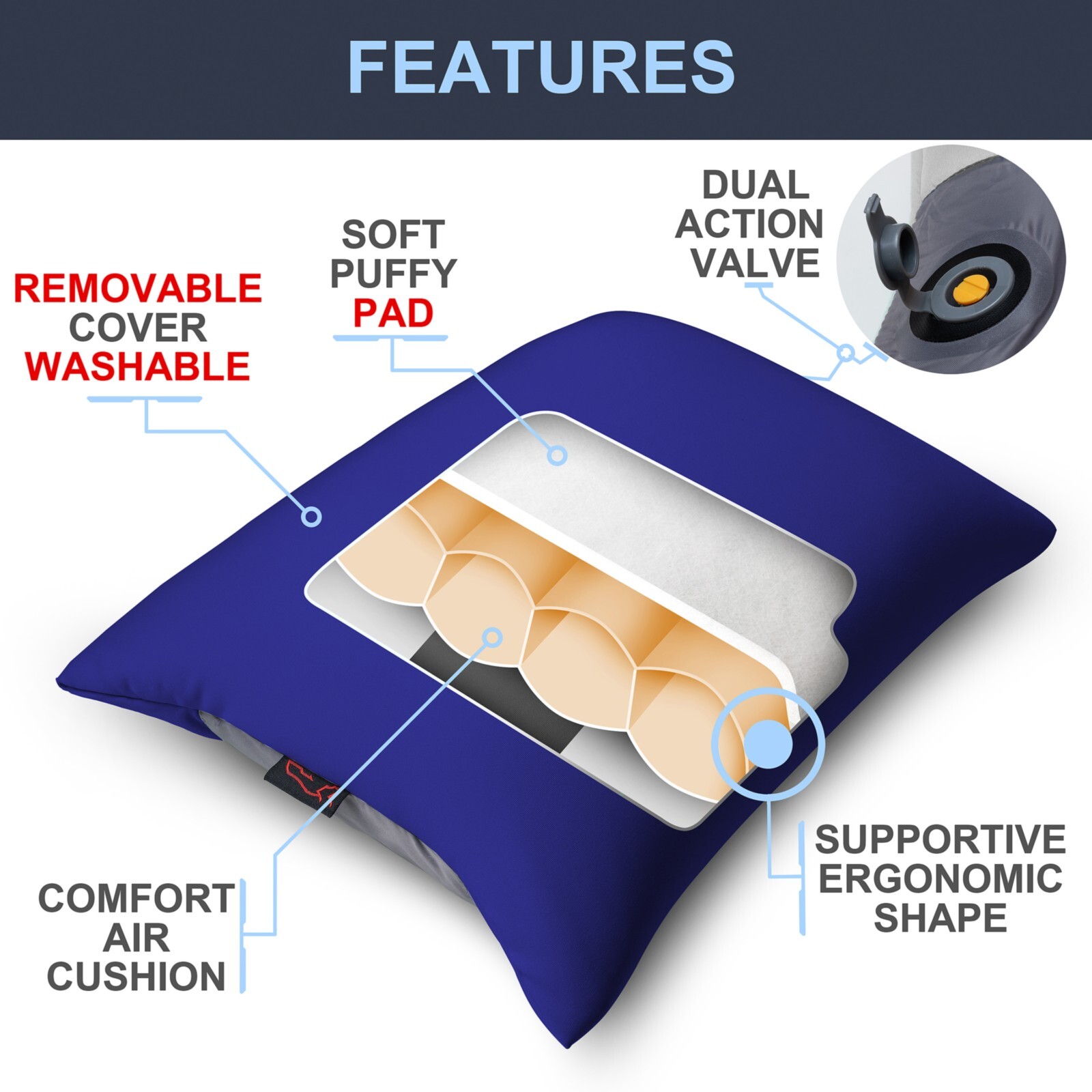 4 oz X-Foam Inflatable Camping Pillow ELuxe w. Removable Padded Cover Ultralight