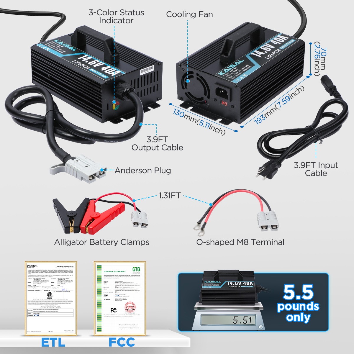 14.6V 40A Smart Lithium Battery Charger LiFePO4 Fast Charging w/Anderson Plug