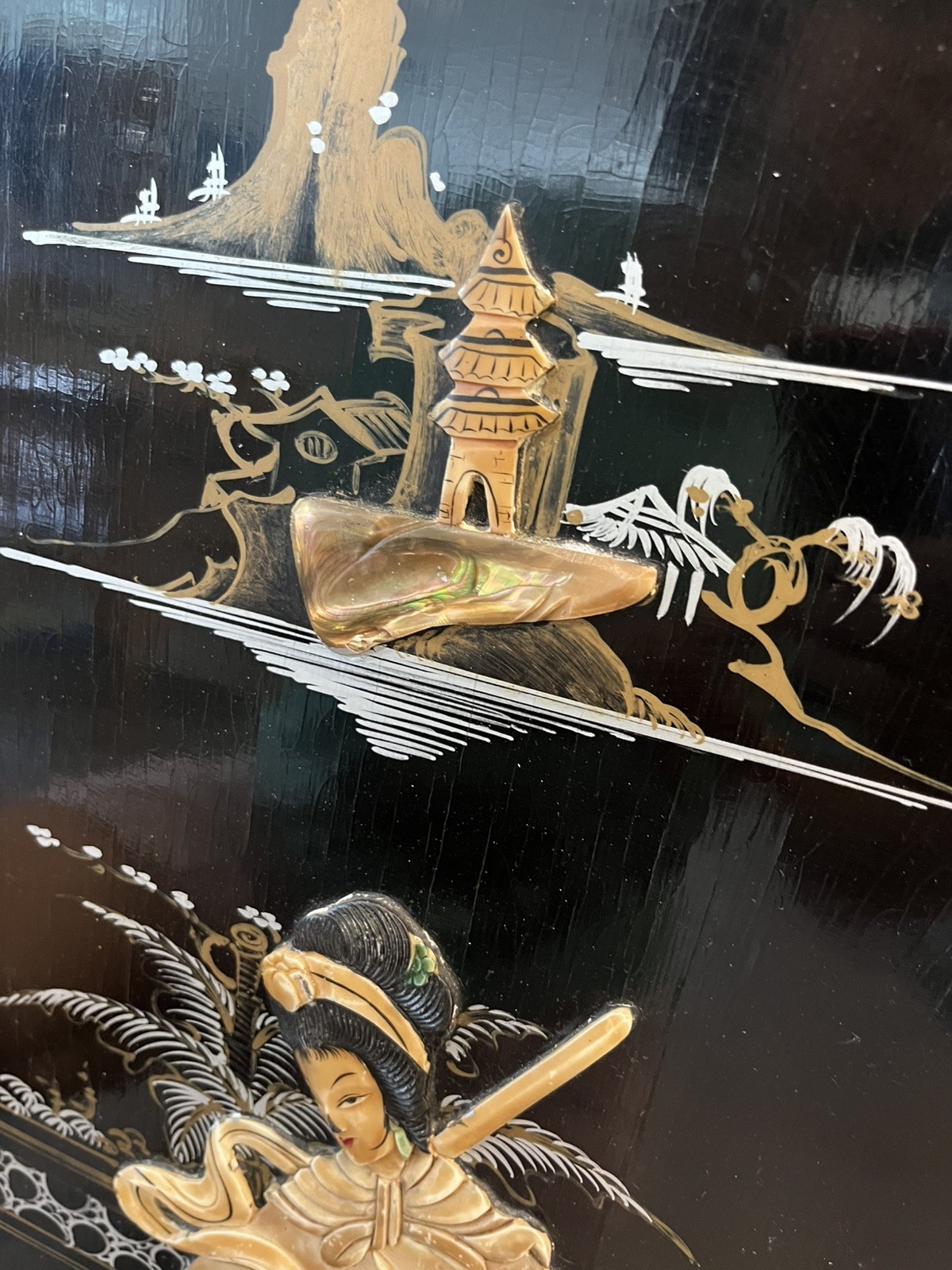 VTG 5 Asian Oriental BLACK Lacquer Mother of Pearl Wall Panels 36H x 11,5W, 30”