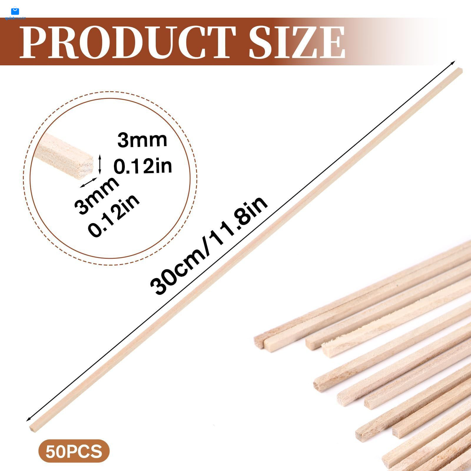1/8" x 12" 50PCS Square Wooden Dowel Rods Small Wood brown