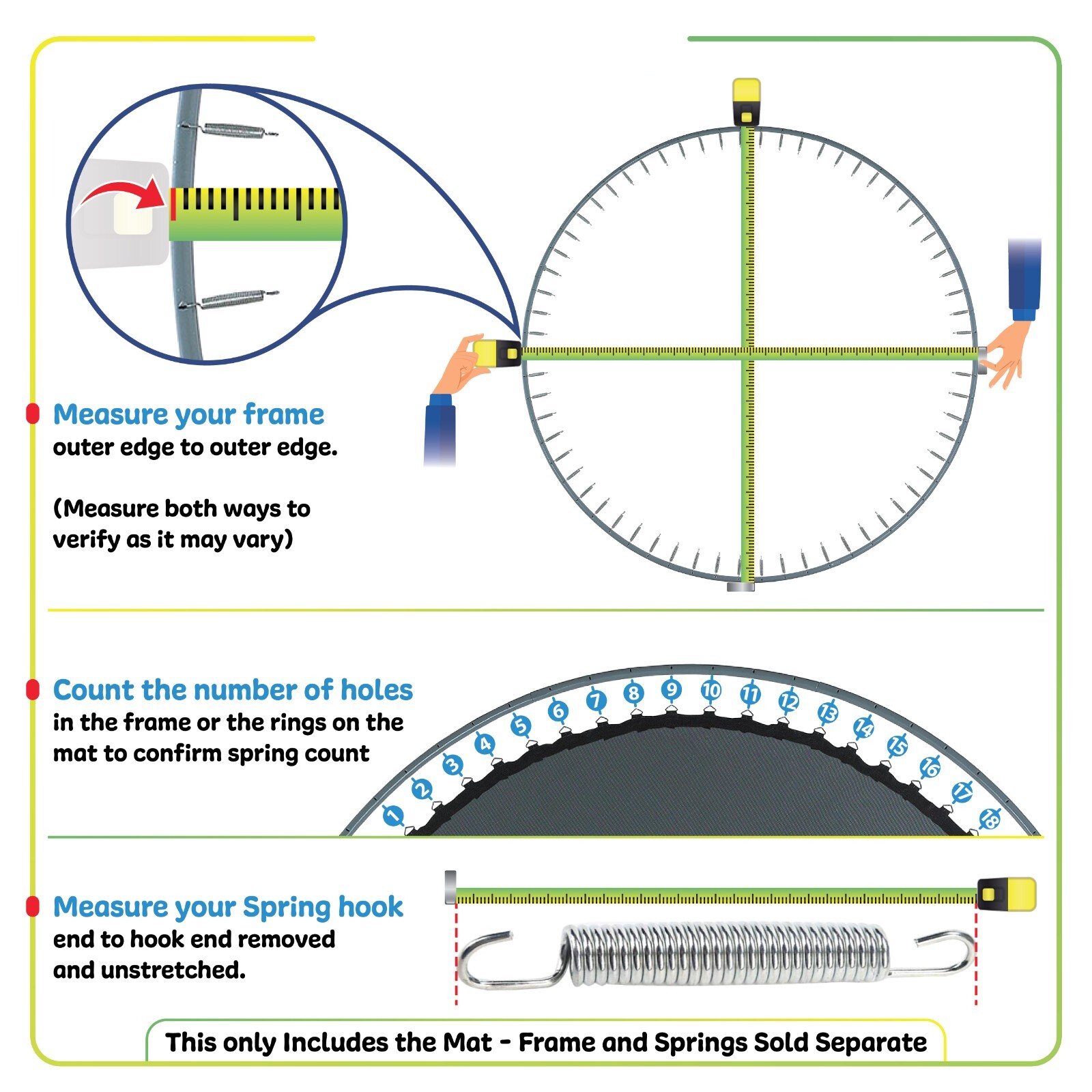 Universal Replacement Trampoline Jumping Mat 10 12 13 14 15 ft + Springs, T-Hook