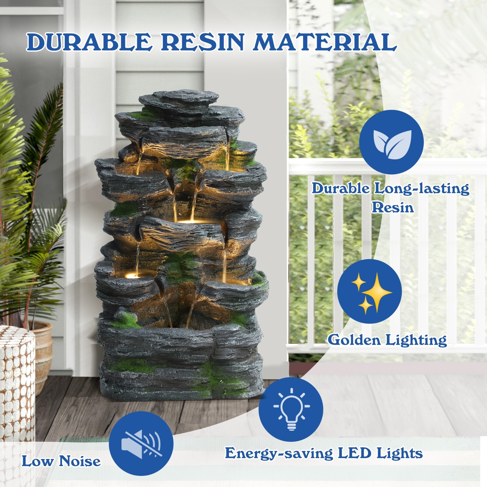 7Tier Cascading Rock Water Fountain 24" H Outdoor Fountain w/LED Light and Pump