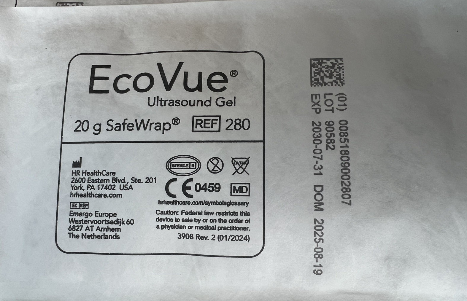 EcoVue 280 Safe Wrap Ultrasound Gel 20 Gram Sterile Packets EXP 2030 Lot of 48