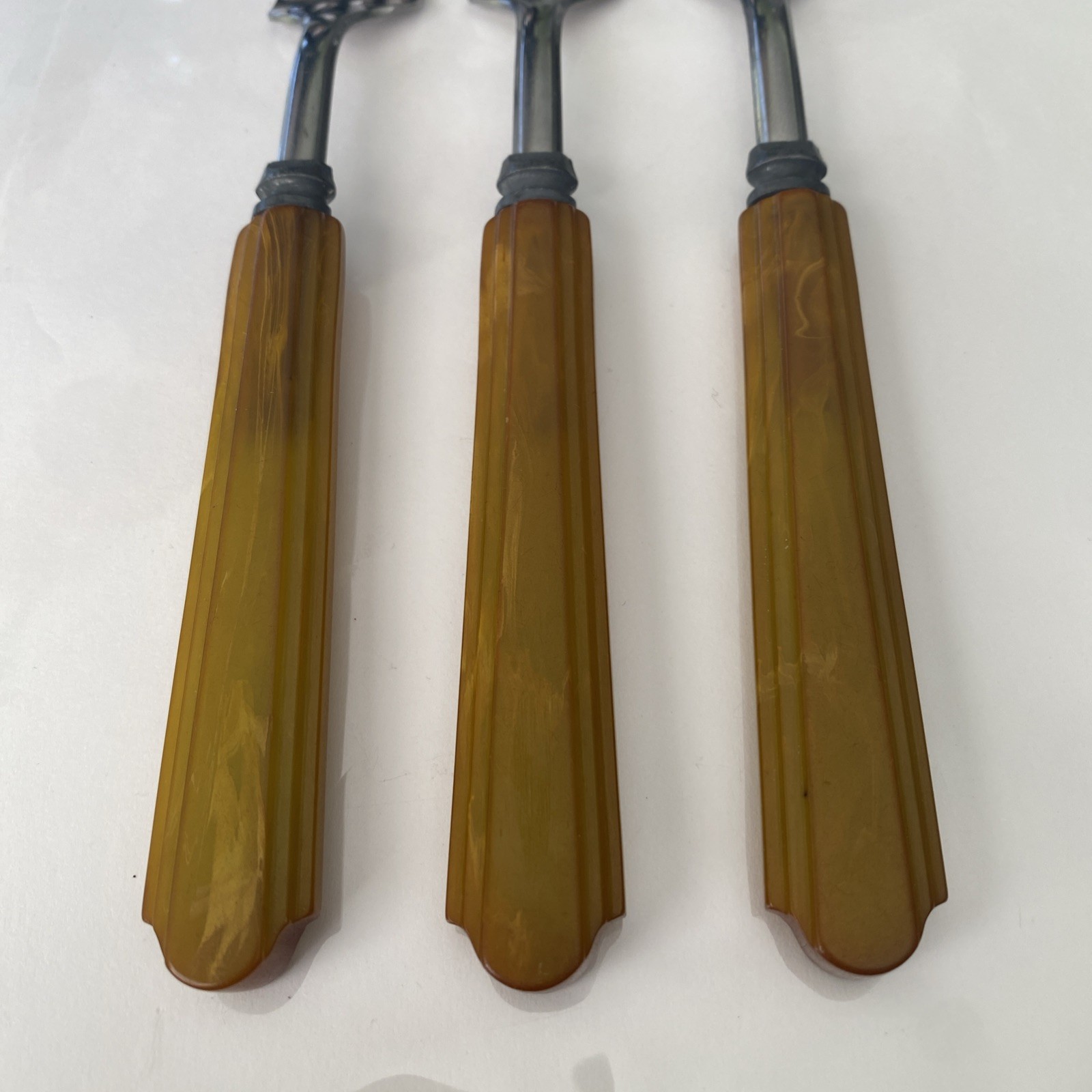 HTF Vintage Bakelite FORKS Flatware Utensils 3 Pc. Butterscotch Stainless Steel