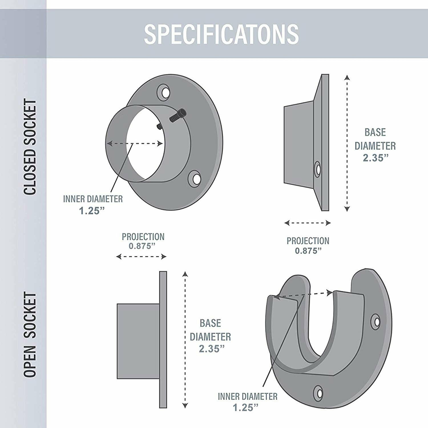 5x Heavy Duty Stainless Steel Closet Pole Sockets Rod End Support Chrome Silver