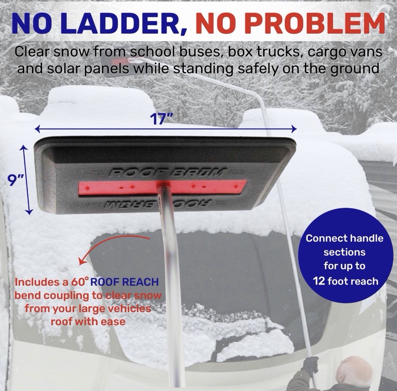 Mobile RoofBrum Snow Broom for Extra Large Vehicles, 12 Foot – No Scratch Snow