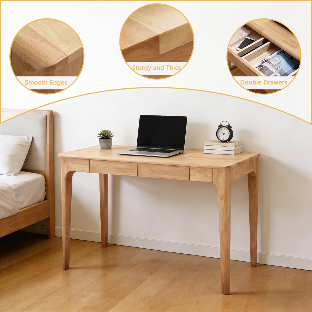 Solid Wood Desk with Drawers, Standing Desk with Smooth Edges, Home Office Desk