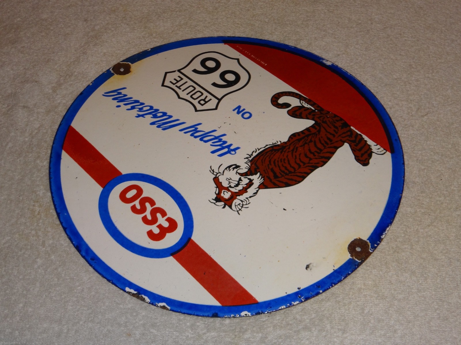 VINTAGE 1964 ESSO PUT A TIGER IN GAS TANK +ROUTE 66 11 3/4" PORCELAIN METAL SIGN