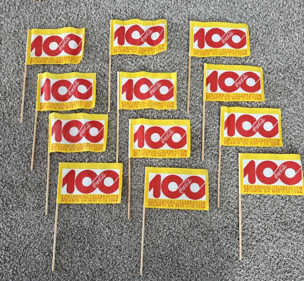 (LOT OF 12) Coca Cola 100 Centennial Celebration Atlanta Ga May 1986 Flag Old