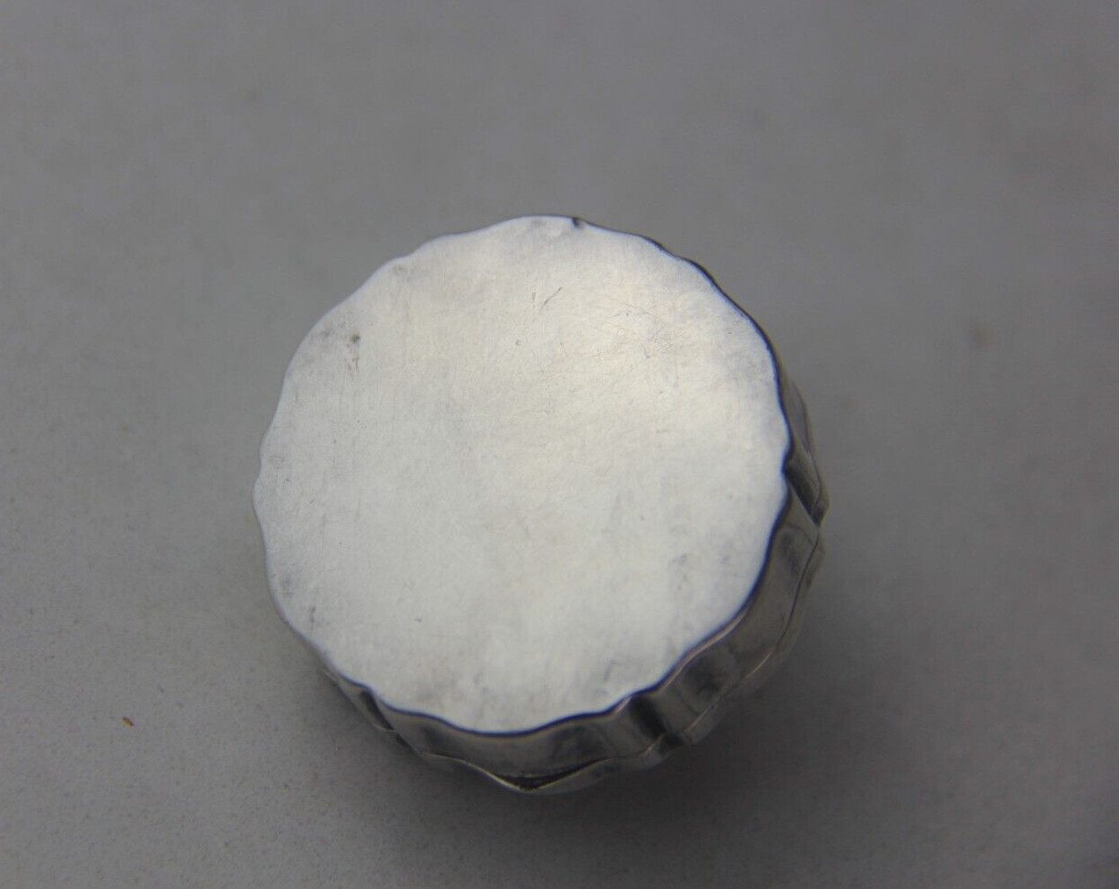 German 800 Silver Round Pill Box w/ Round Amethyst Cabochon & Seed Pearl on Lid