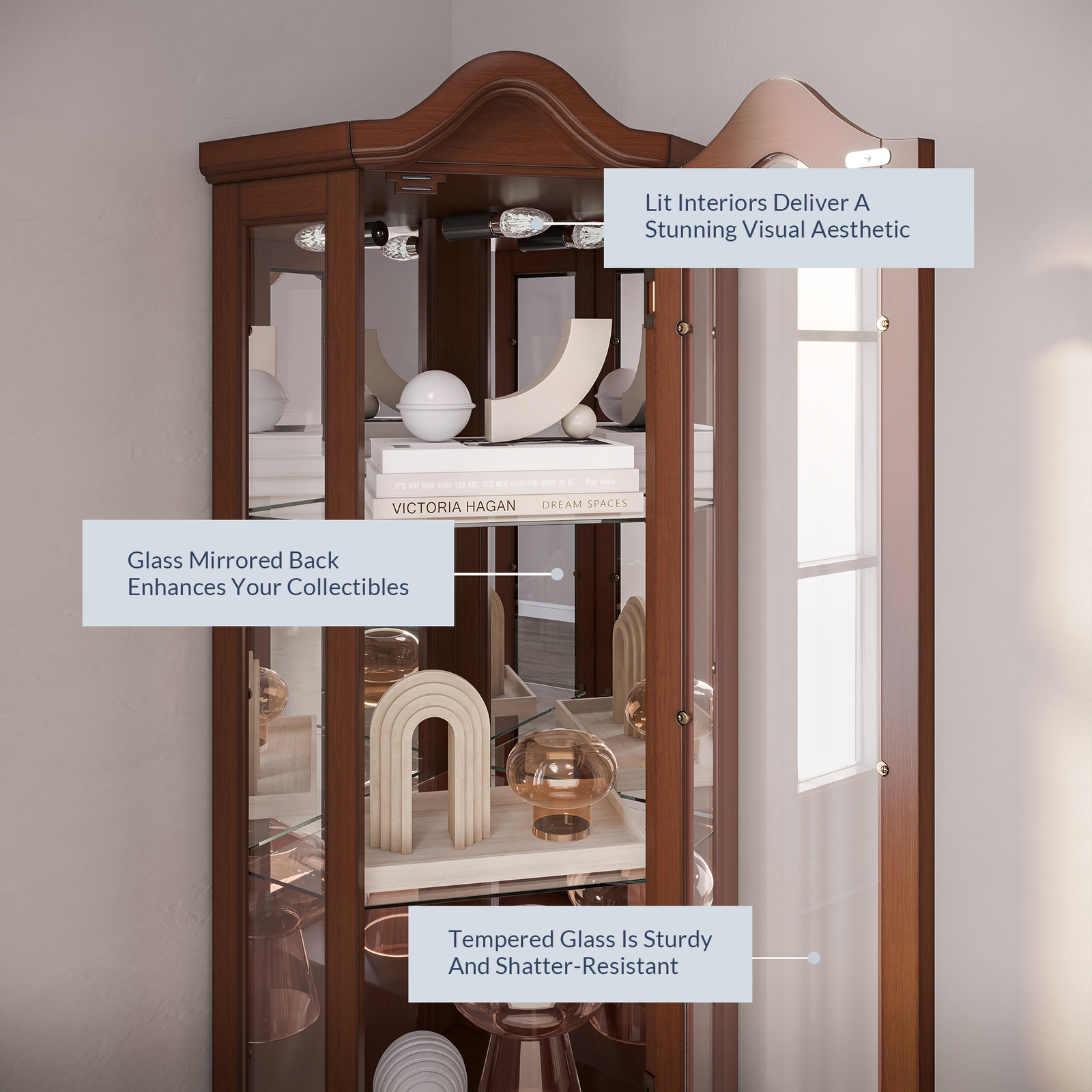 Canted Front Lighted Corner Cabinet W/ 5-Tier Shelves