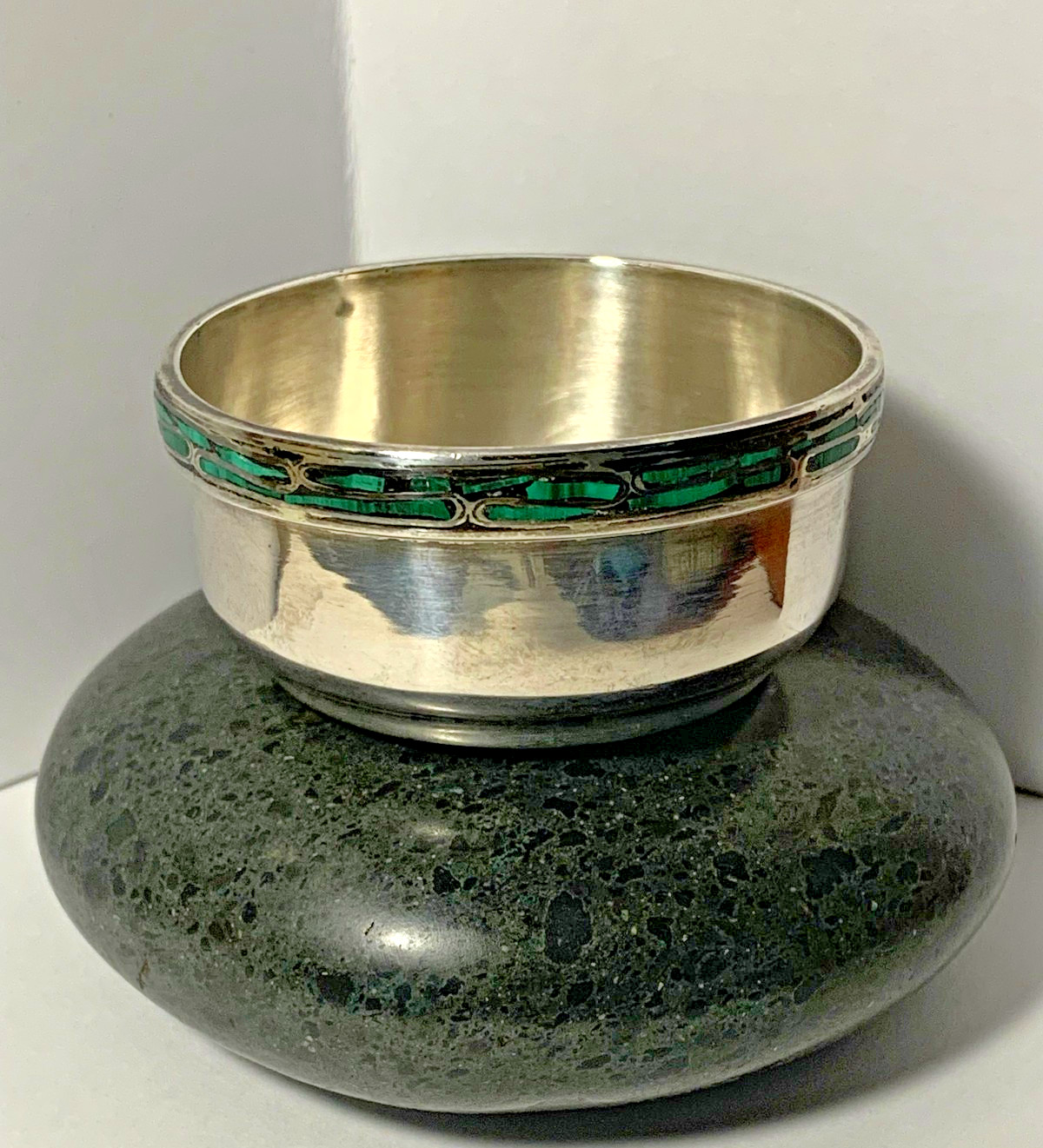 Vintage Sterling Silver Bowl Dish with Inlay Malachite Stone Mid Century Modern