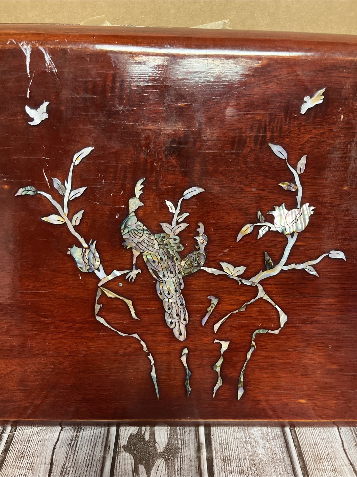 Asian Wood Inlayed Photo Album Abalone Shell Peacocks Flowers Music Book Vintage