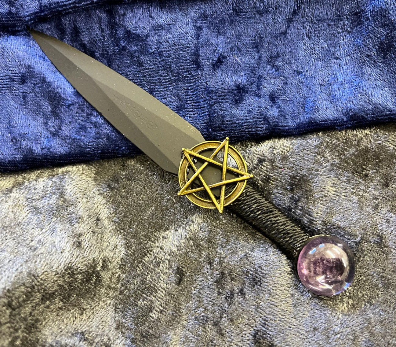 Athame / Dagger - Small - Black / Bronze Pentacle Purple Glass Stone 6.5 Inches