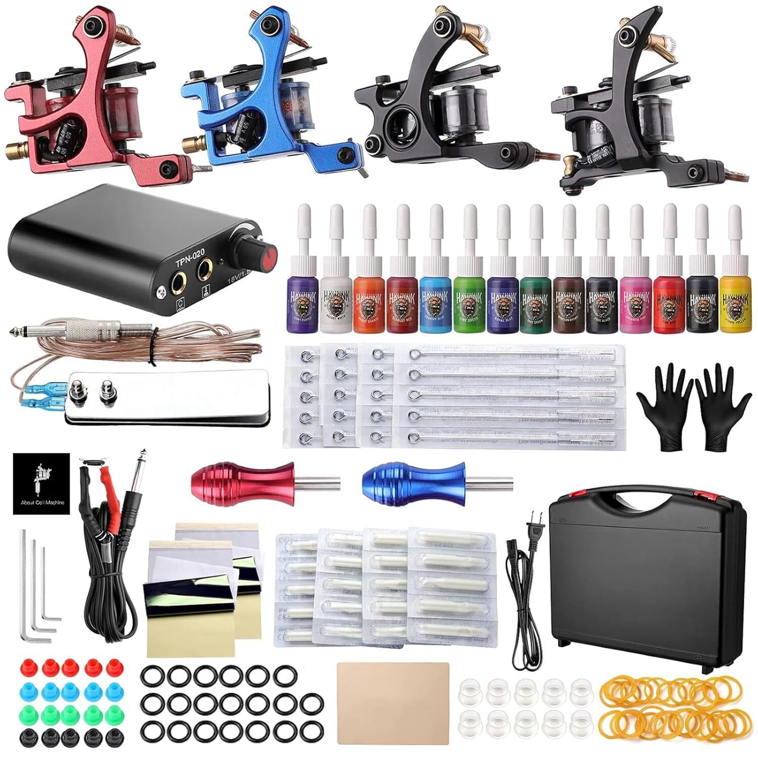 Complete Tattoo Kit 4 Pro Machine Guns 7 Inks Power Supply Foot Pedal Needles