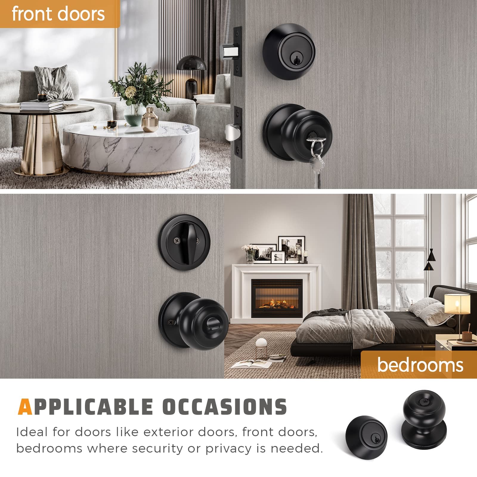 Entry Door Knob Deadbolt Combo Single Cylinder Keyed Alike Matte Black 3 Pack