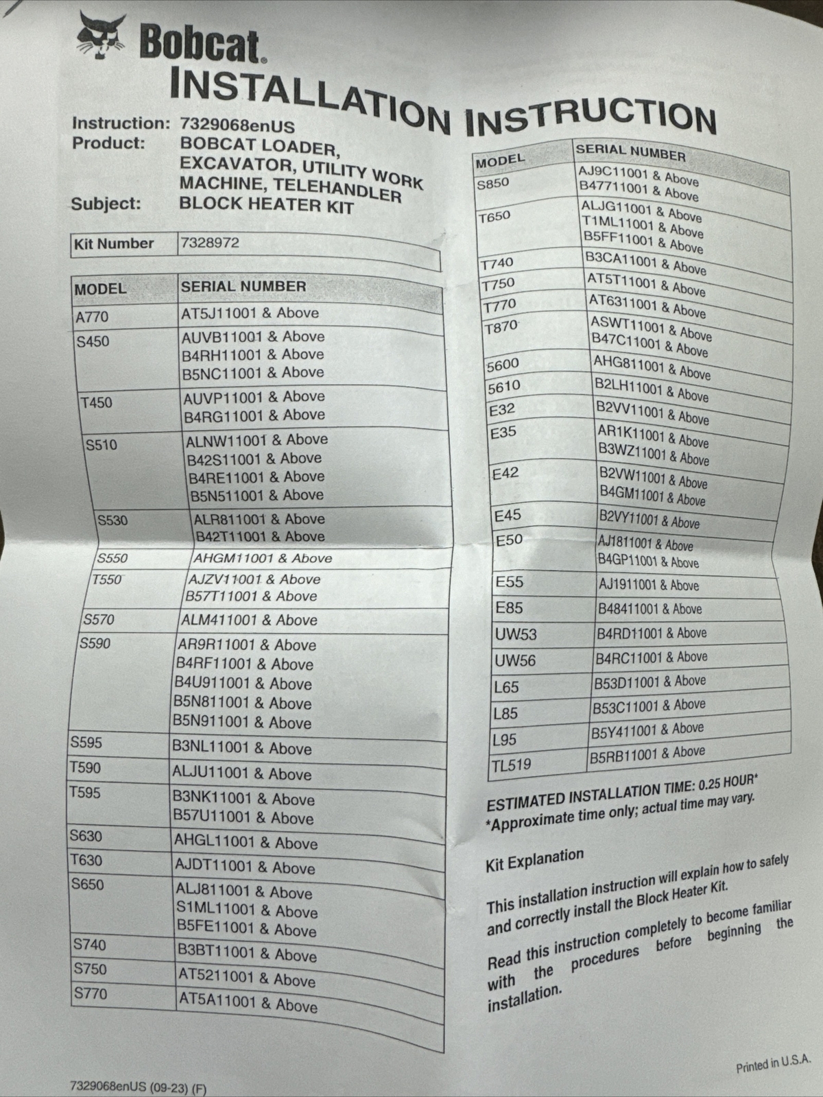 OEM Bobcat 7328972 Kit Block Heater