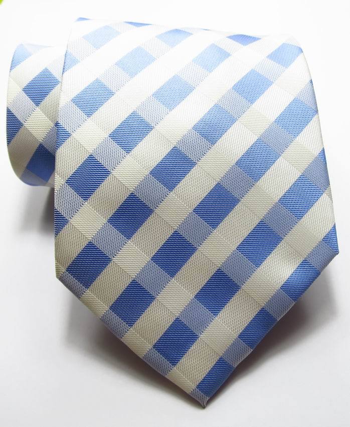 New Classic Checks Blue White JACQUARD WOVEN 100% Silk Men's Tie Necktie