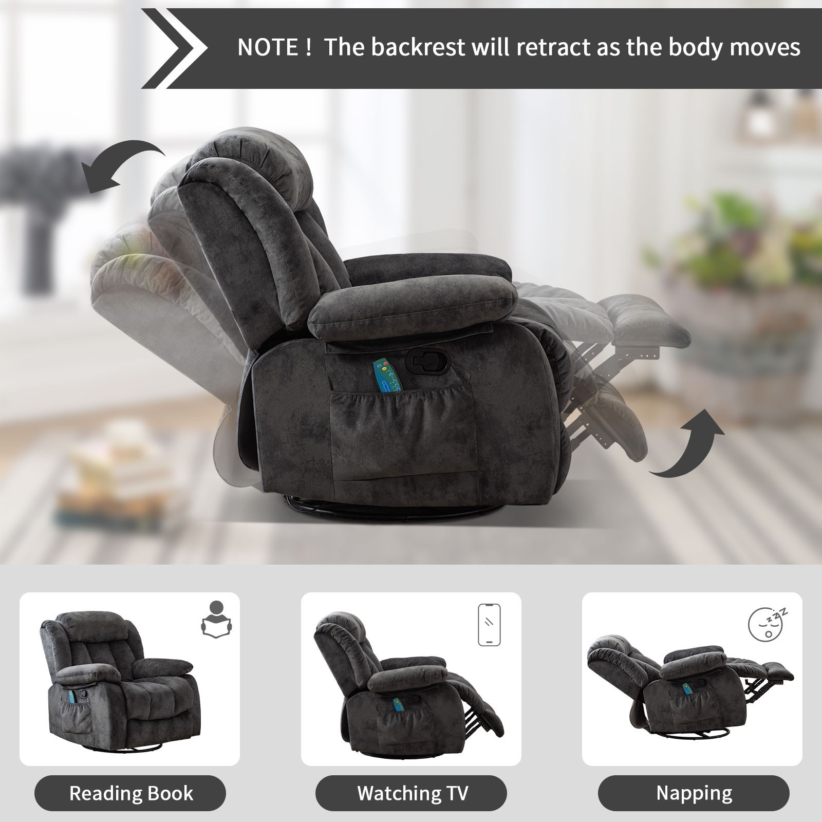 EBELLO Massage Swivel Rocker Recliner Chair w/ Heat & Vibration Manual Recliner