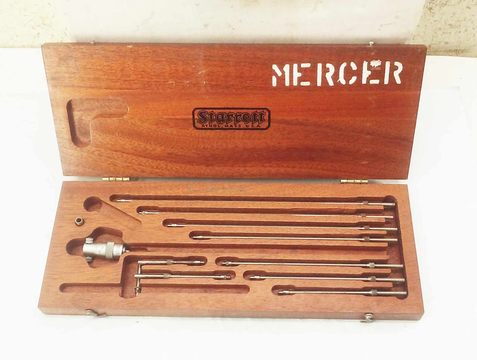 Vtg Starrett no.124 inside micrometer set in wood case 2"-12" machinist USA
