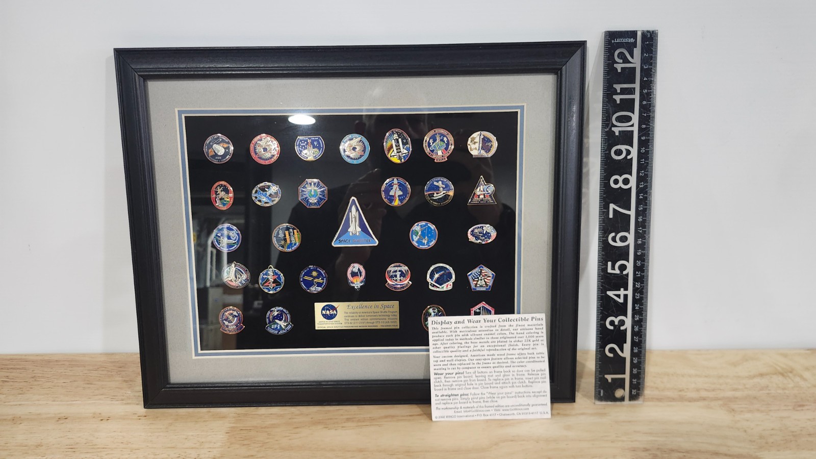 rare Winco framed collection of NASA "Excellance in Space" insignia pins