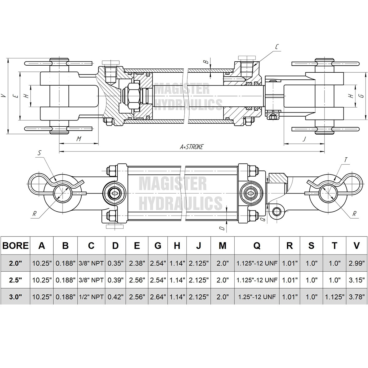 Hydraulic Cylinder Tie Rod Double Action 3" Bore 8" Stroke 2500 PSI 3x8 ASAE