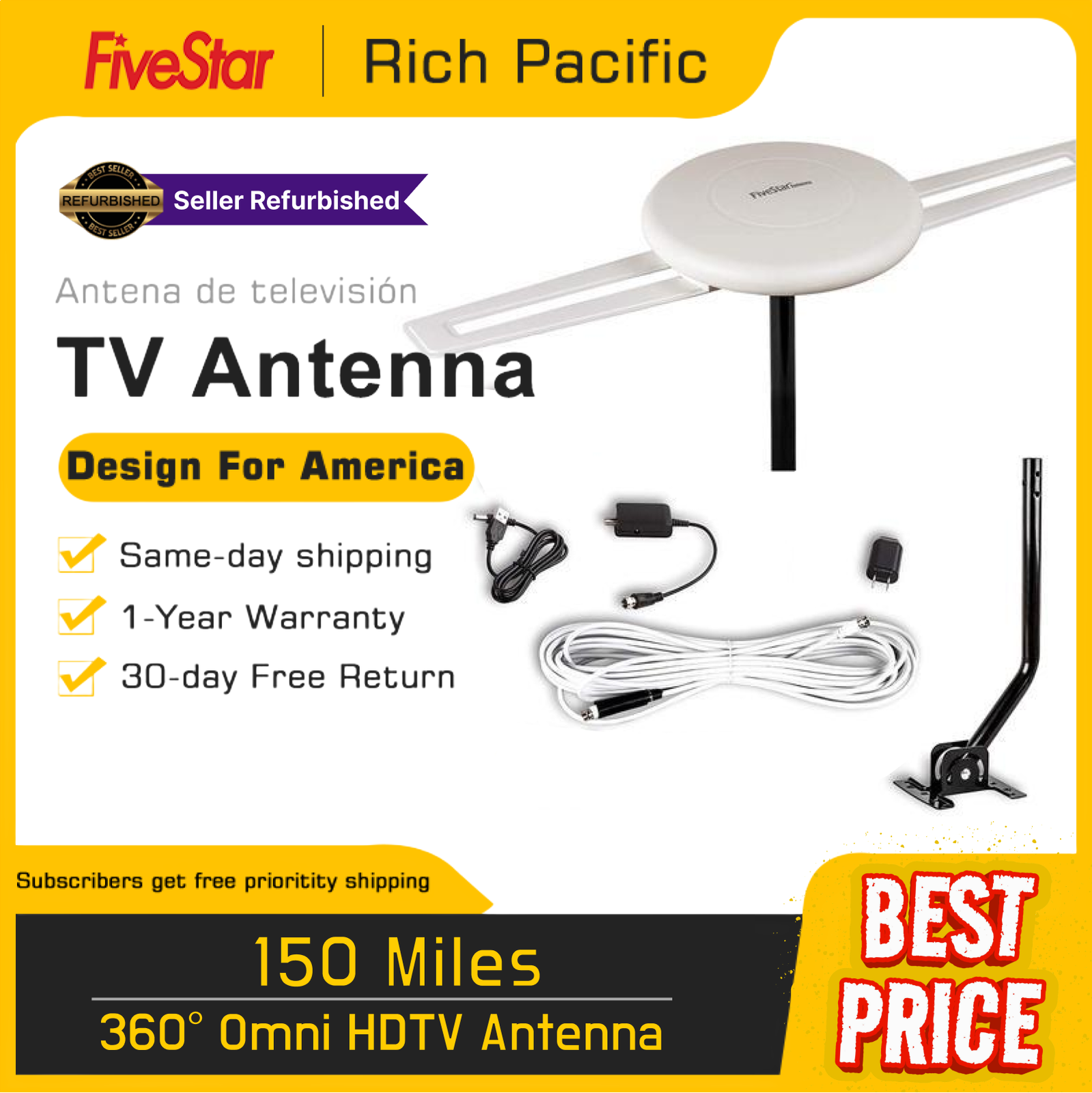 360° Omni HDTV Antenna | 150 Miles | 4K 1080P | Pole for Indoor/Outdoor/RV/Attic