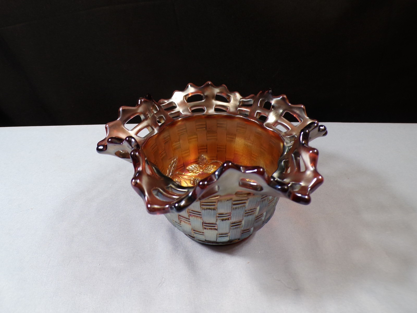 Fenton Amethyst Purple Carnival Glass Basketweave Bowl w/ Blackberry Interior