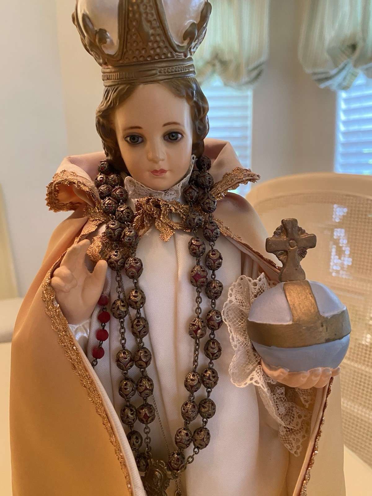 Vintage Infant Of Prague Plaster Statue With Rosary 18' Tall