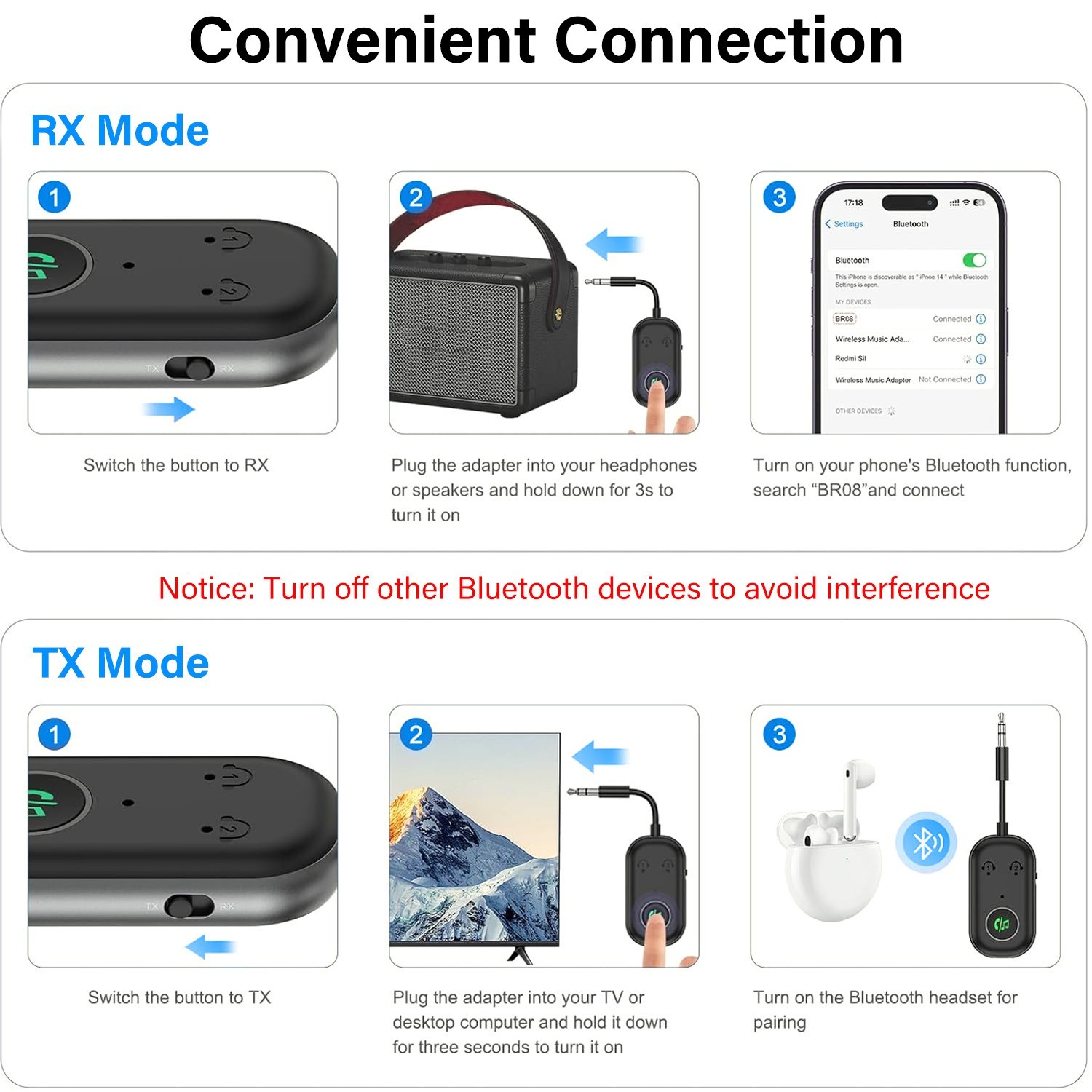 Bluetooth Transmitter Receiver Wireless Adapter 3.5MM Aux Jack, Dual Connection