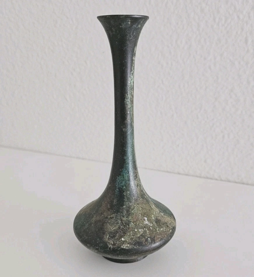 Antique Bronze Bud Vase Green Patina Bulbous Base Flared Neck Art Nouveau Flower