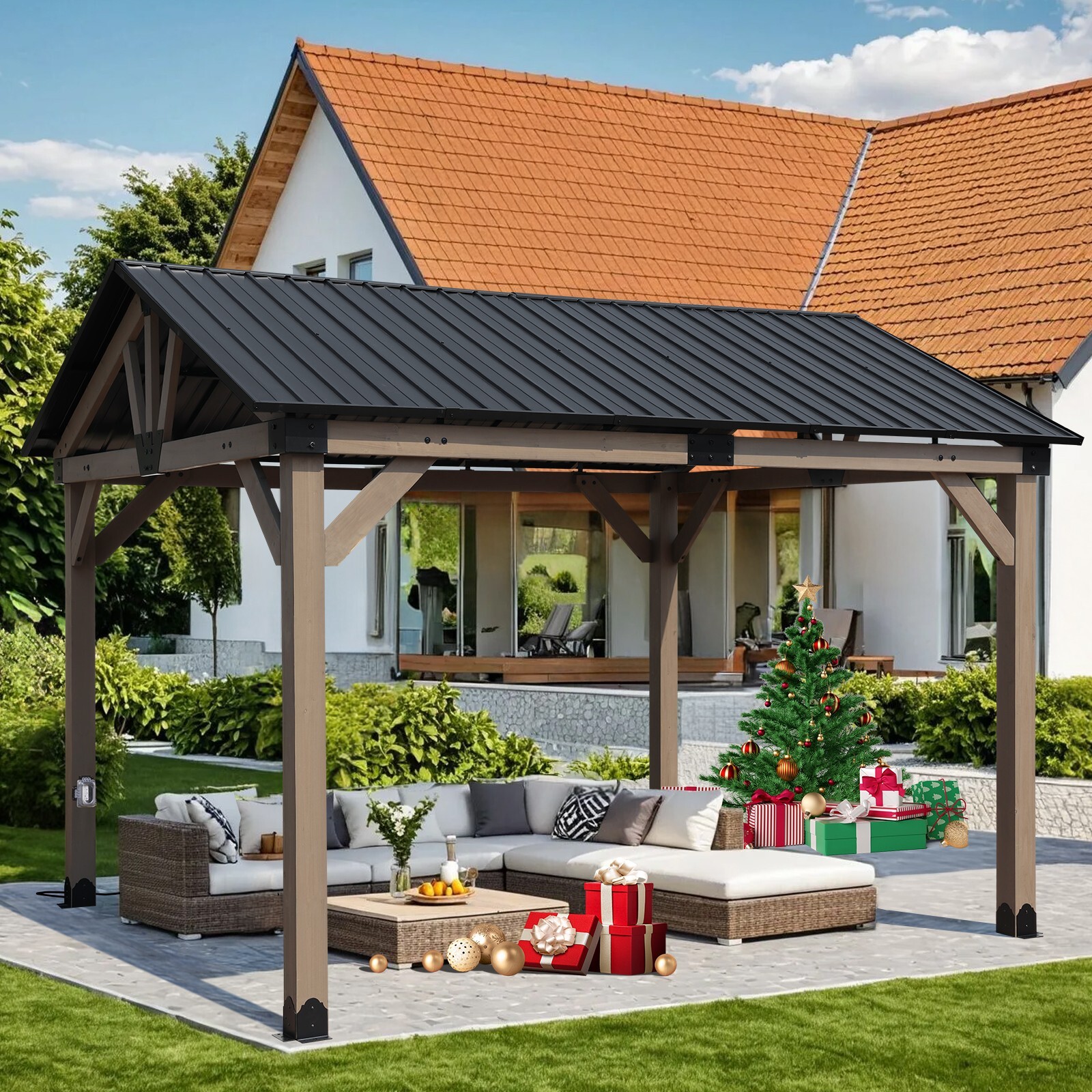 Aoodor 10'x 12' Hardtop Gazebo Outdoor Cedar Wooden Frame with Waterproof Socket