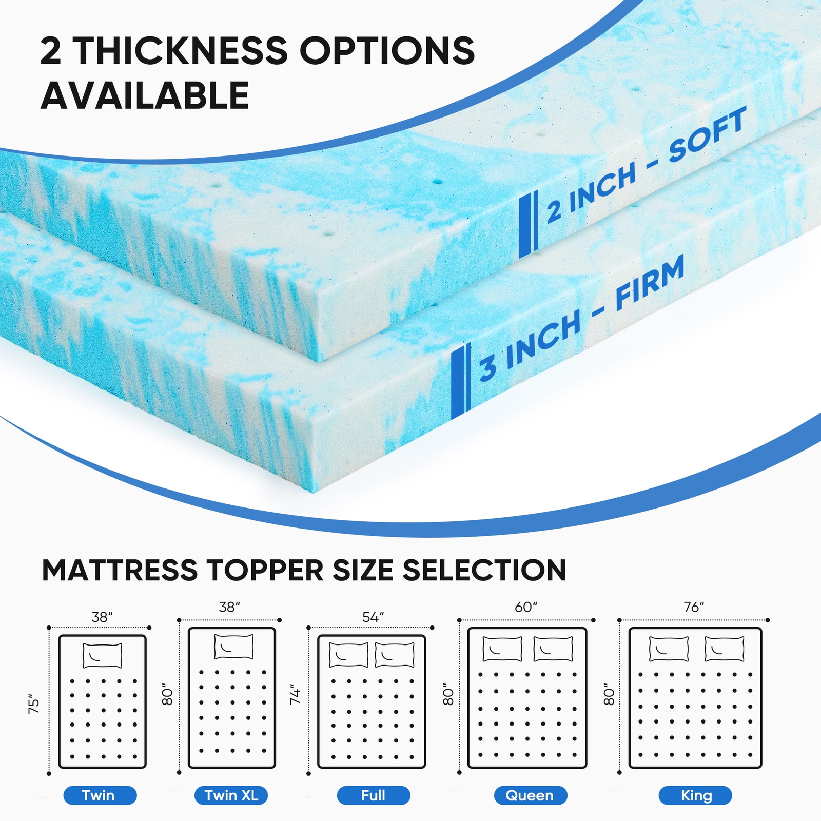 HOMEFLA Memory Foam Mattress Topper Full Size Bed Comfort Body Support