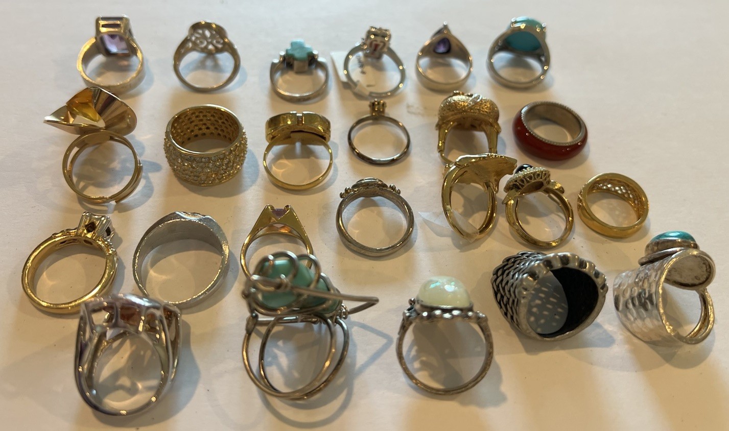 Vintage Costume Jewelry Lot Of 24 Mixed Rings w/ Gemstones Sterling Turquoise