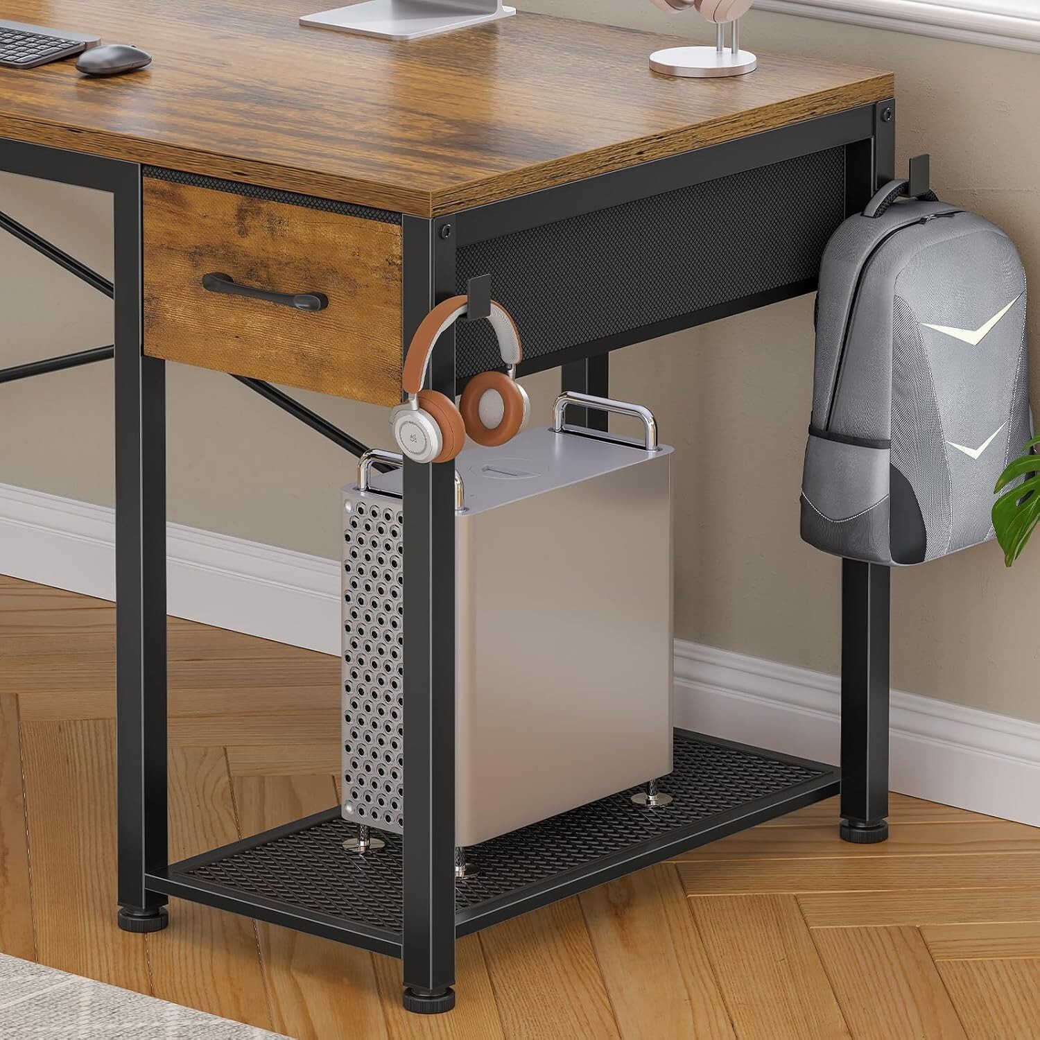 L Shaped Computer Desk with LED Lights and Storage Shelves, Home Office Desk