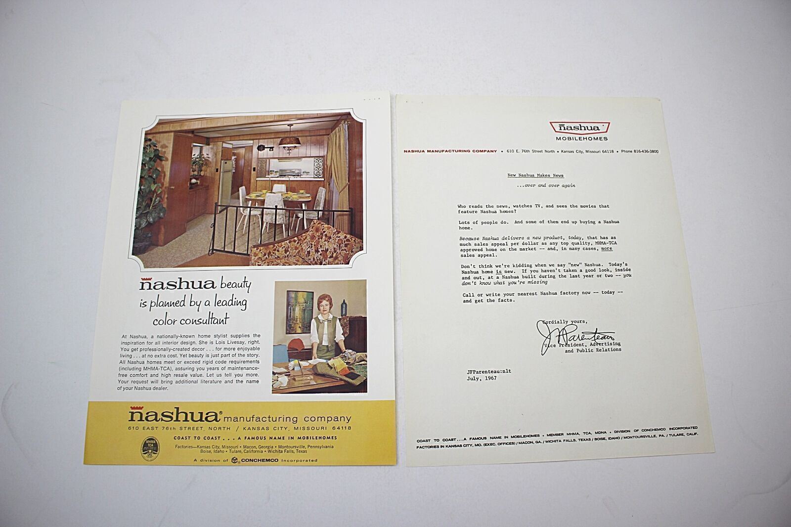 1967 Nashua Mobile Homes Color Ad Brochure & Letter Mid-Century Modern #7