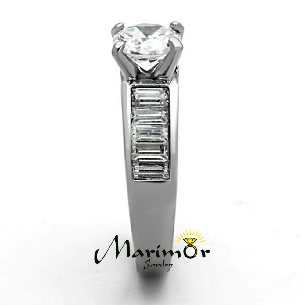 2.97 Ct Round Cut & Baguettes CZ Stainless Steel Engagement Ring Women's Sz 5-10