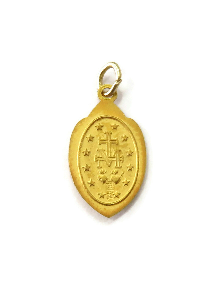14K Yellow Gold Shield Virgin Mary Miraculous Medal Charm Necklace Pendant